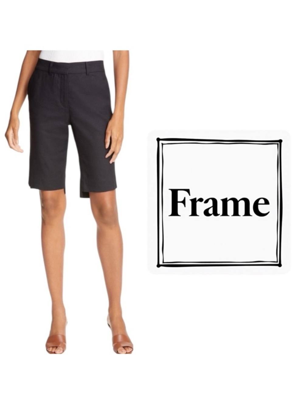 Frame long black linen blend high rise trouser shorts size 6 minimalist CBK